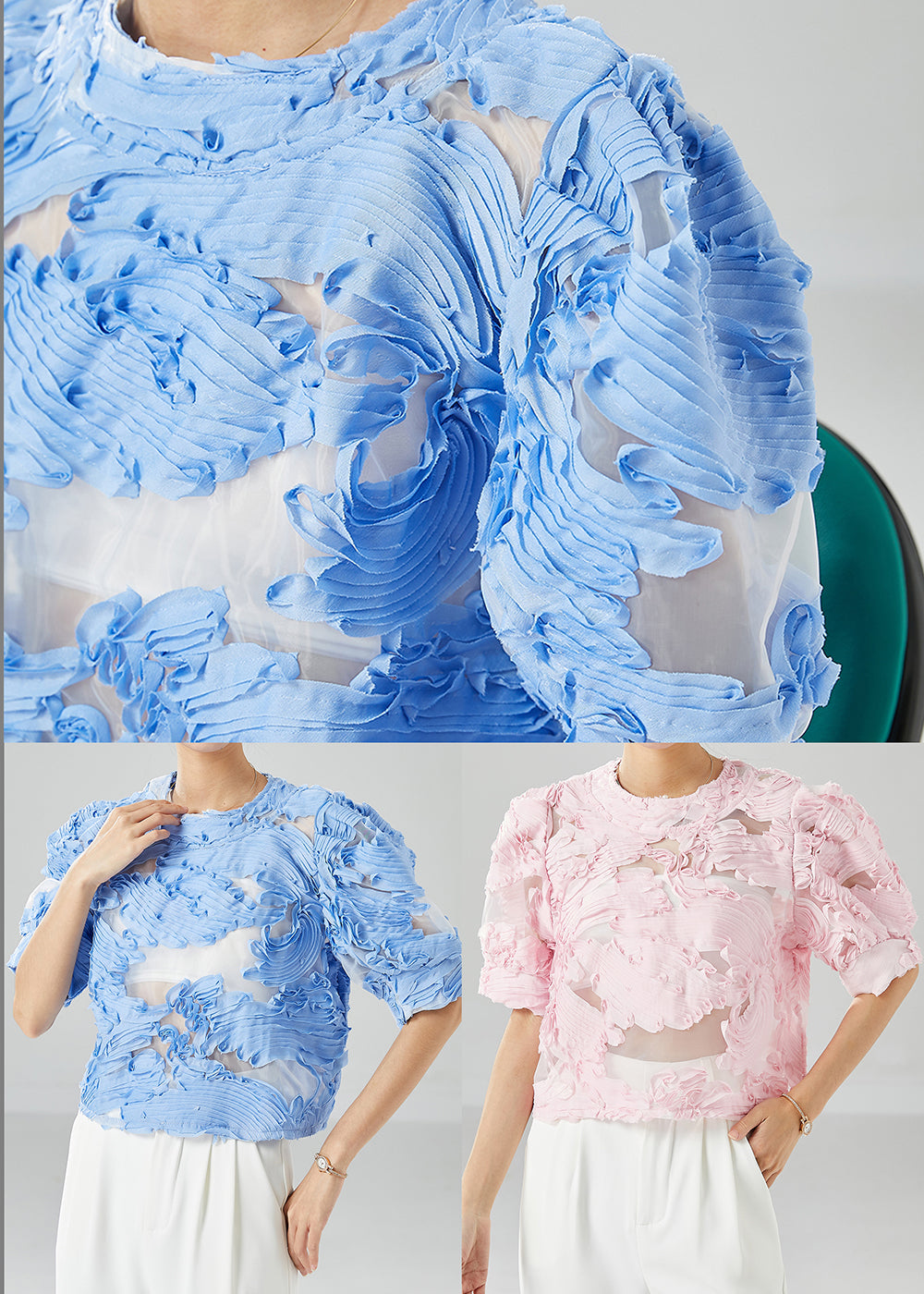 Blue Wrinkled Hollow Out Tulle Shirts Summer