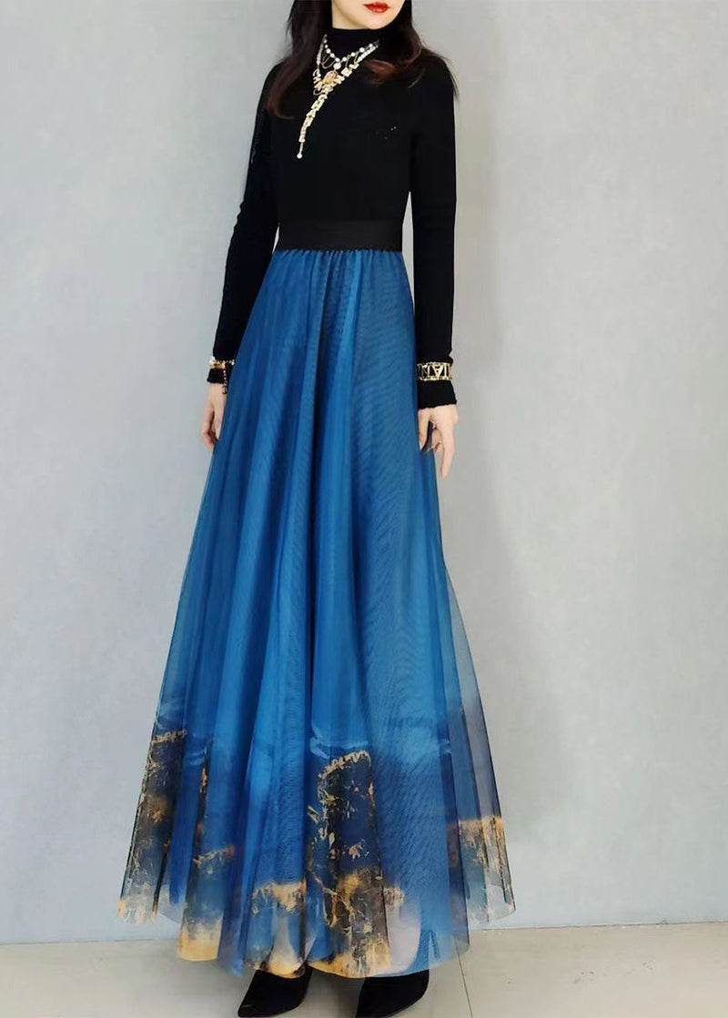 Blue Wrinkled Print Elastic Waist Tulle Skirt Spring