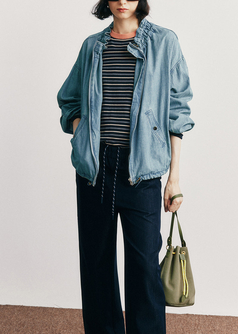 Blue Zip Up Ruffled Pockets Denim Jackets Fall