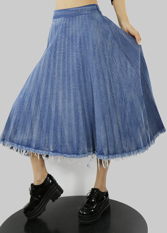 Blue Zip Up Elastic Waist Pleated Skirts Spring