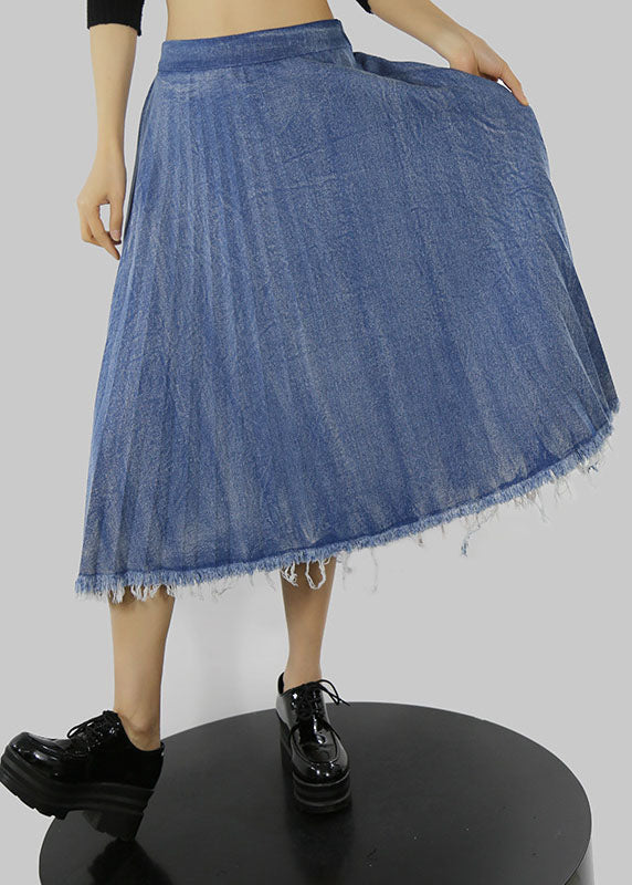 Blue Zip Up Elastic Waist Pleated Skirts Spring