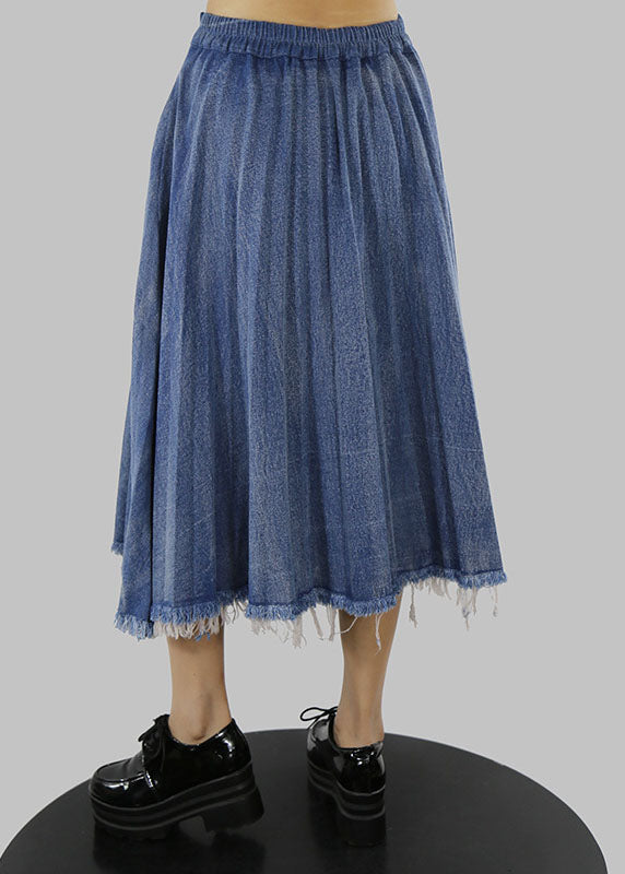 Blue Zip Up Elastic Waist Pleated Skirts Spring