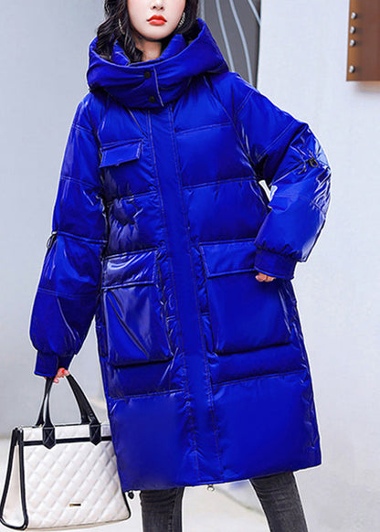Blue Zippered Pockets Warm Fleece Bright Hooded Parka Long Sleeve