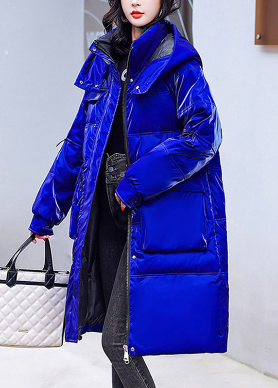Blue Zippered Pockets Warm Fleece Bright Hooded Parka Long Sleeve