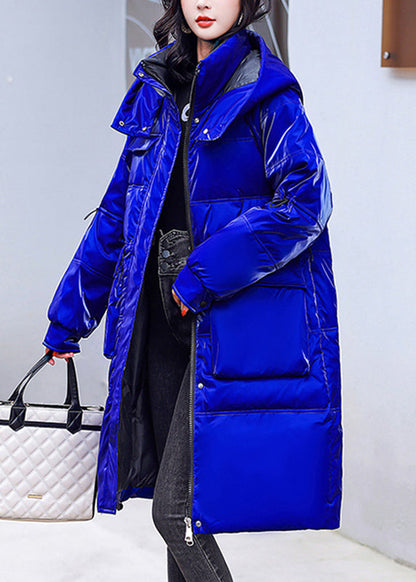 Blue Zippered Pockets Warm Fleece Bright Hooded Parka Long Sleeve