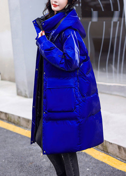 Blue Zippered Pockets Warm Fleece Bright Hooded Parka Long Sleeve