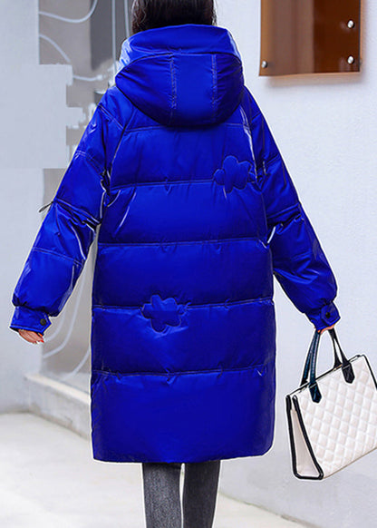Blue Zippered Pockets Warm Fleece Bright Hooded Parka Long Sleeve