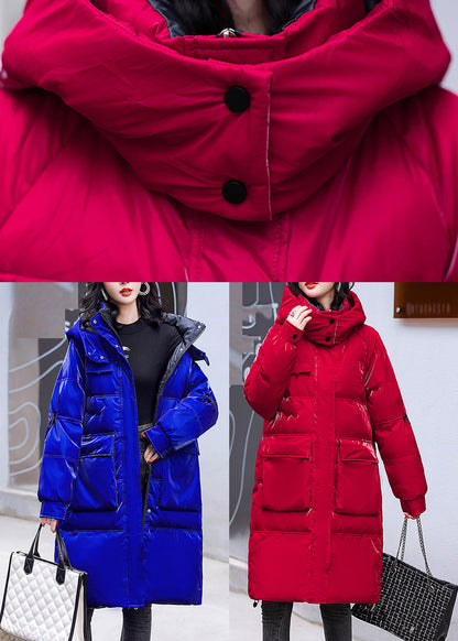 Blue Zippered Pockets Warm Fleece Bright Hooded Parka Long Sleeve