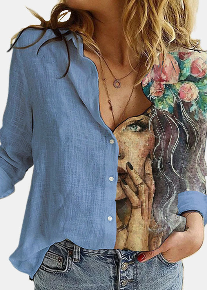 Blue Button Peter Pan Collar Linen Shirts Long Sleeve