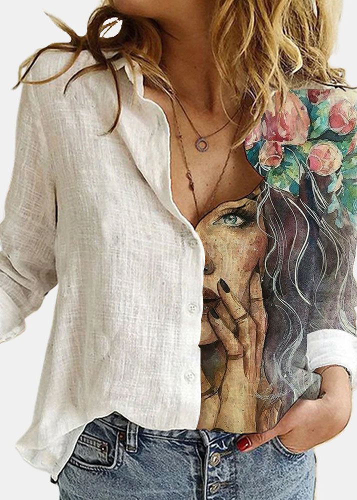 Blue Button Peter Pan Collar Linen Shirts Long Sleeve