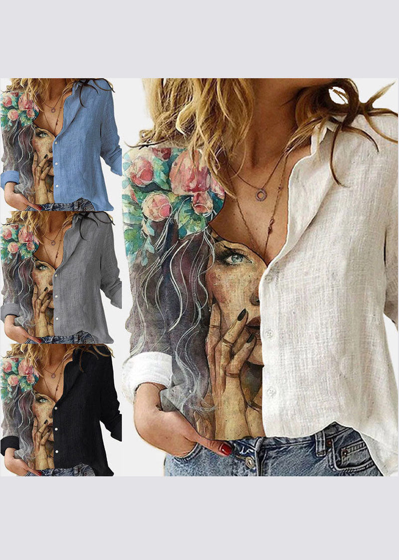 Blue Button Peter Pan Collar Linen Shirts Long Sleeve