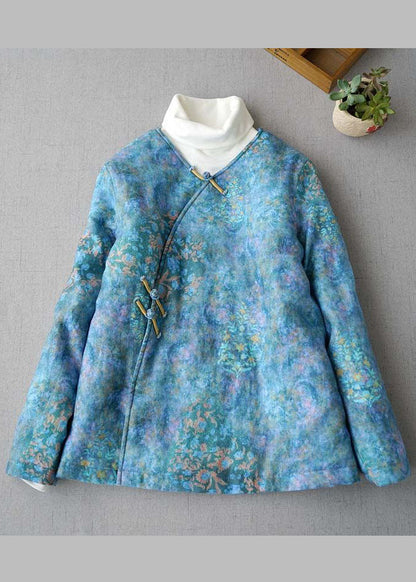 Blue Button V Neck Print Fine Cotton Filled Coats Winter