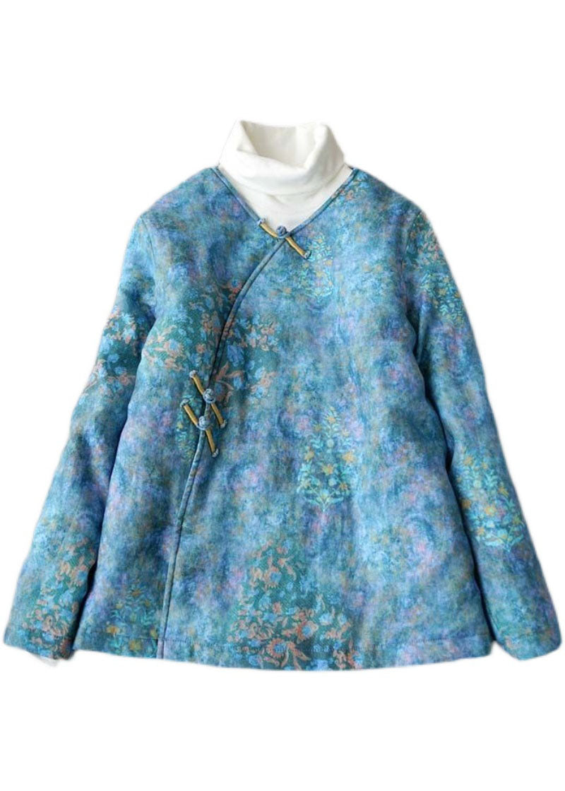 Blue Button V Neck Print Fine Cotton Filled Coats Winter