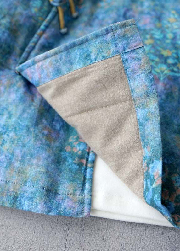 Blue Button V Neck Print Fine Cotton Filled Coats Winter
