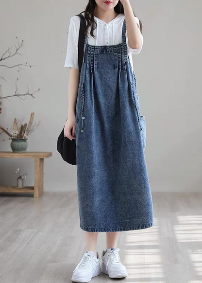 Blue Drawstring Pocket Spaghetti Strap Cotton Denim Dress Spring