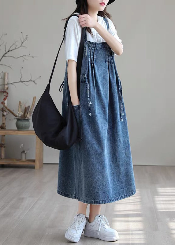 Blue-brown Flower Drawstring Pocket Spaghetti Strap Cotton Denim Dress Spring