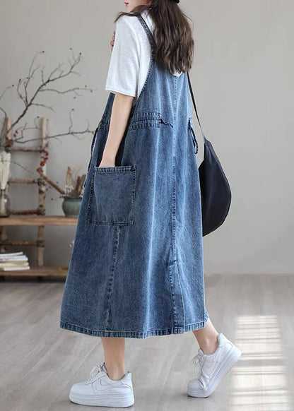 Blue-leaves Drawstring Pocket Spaghetti Strap Cotton Denim Dress Spring