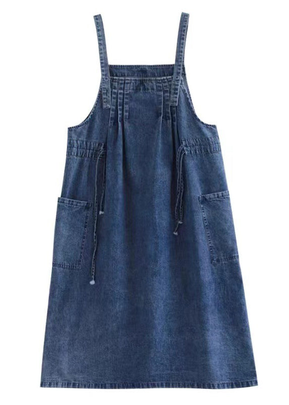 Blue-sunflower Drawstring Pocket Spaghetti Strap Cotton Denim Dress Spring