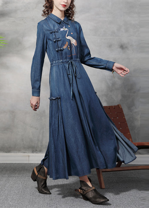 Blue Drawstring Wrinkled Peter Pan Collar Embroideried Patchwork Cotton Maxi Dresses Long Sleeve