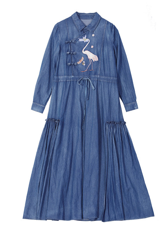 Blue Drawstring Wrinkled Peter Pan Collar Embroideried Patchwork Cotton Maxi Dresses Long Sleeve
