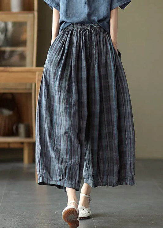 Blue Elastic Waist Plaid Cotton Pants Spring