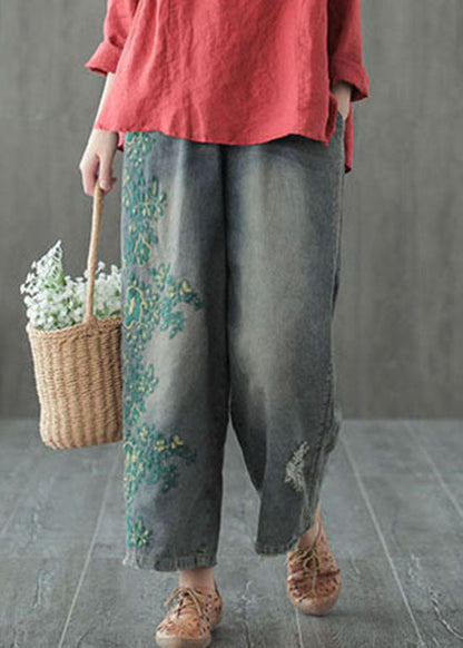 Blue Hole Embroideried Denim Cotton Wide Leg Pants Spring