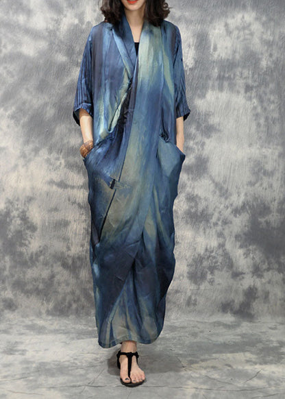 Blue Retro Asymmetrical Design Pockets Fall Maxi Dresses Half Sleeve