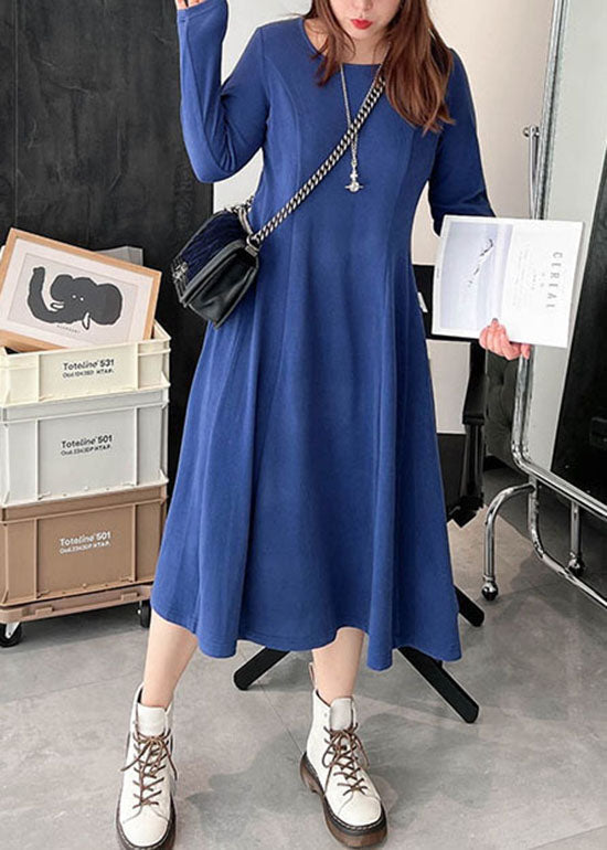 Blue Thick Velour Slim Fit Dress Winter