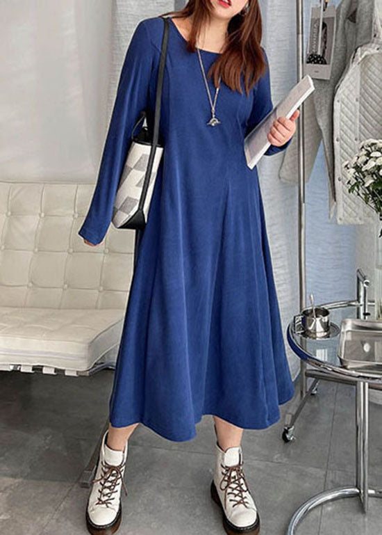 Blue Thick Velour Slim Fit Dress Winter