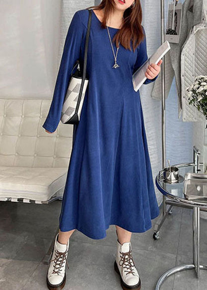 Blue Thick Velour Slim Fit Dress Winter