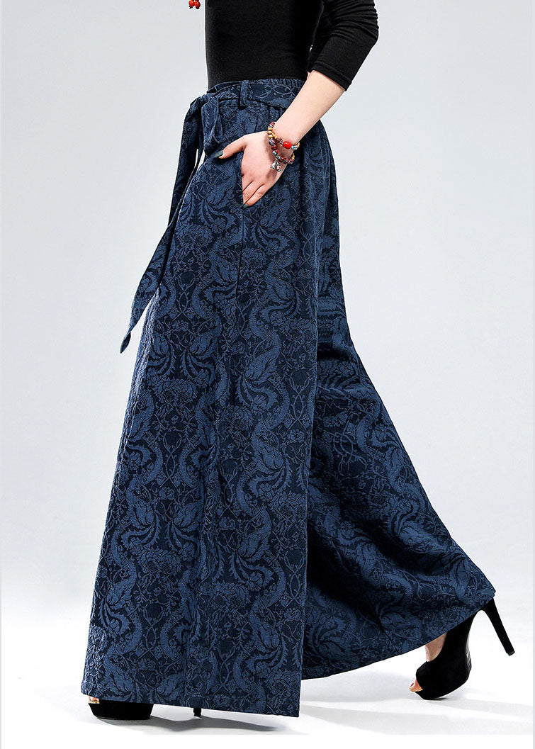 Blue Tie Waist Jacquard Linen Pants Winter