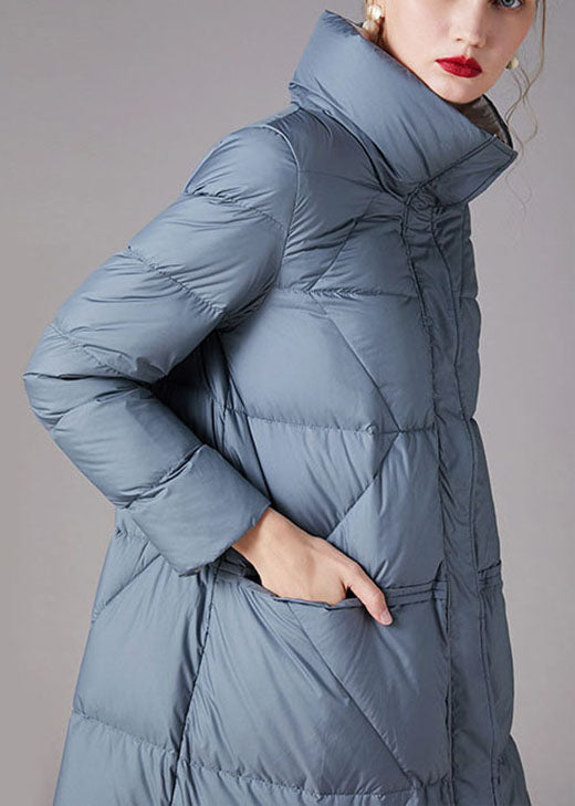 Blue Zippered Pockets Winter Duck Down Coats