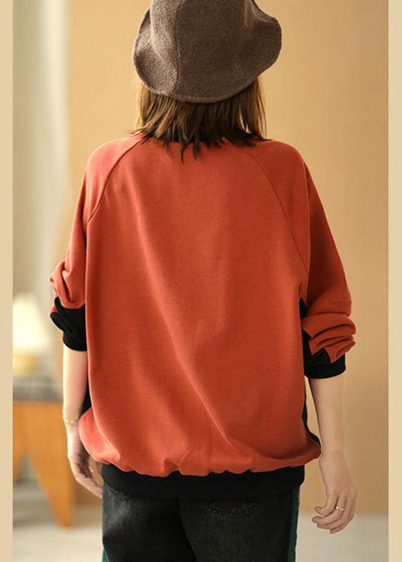 Brick Red Patchwork Graphic Fall Sweatshirt