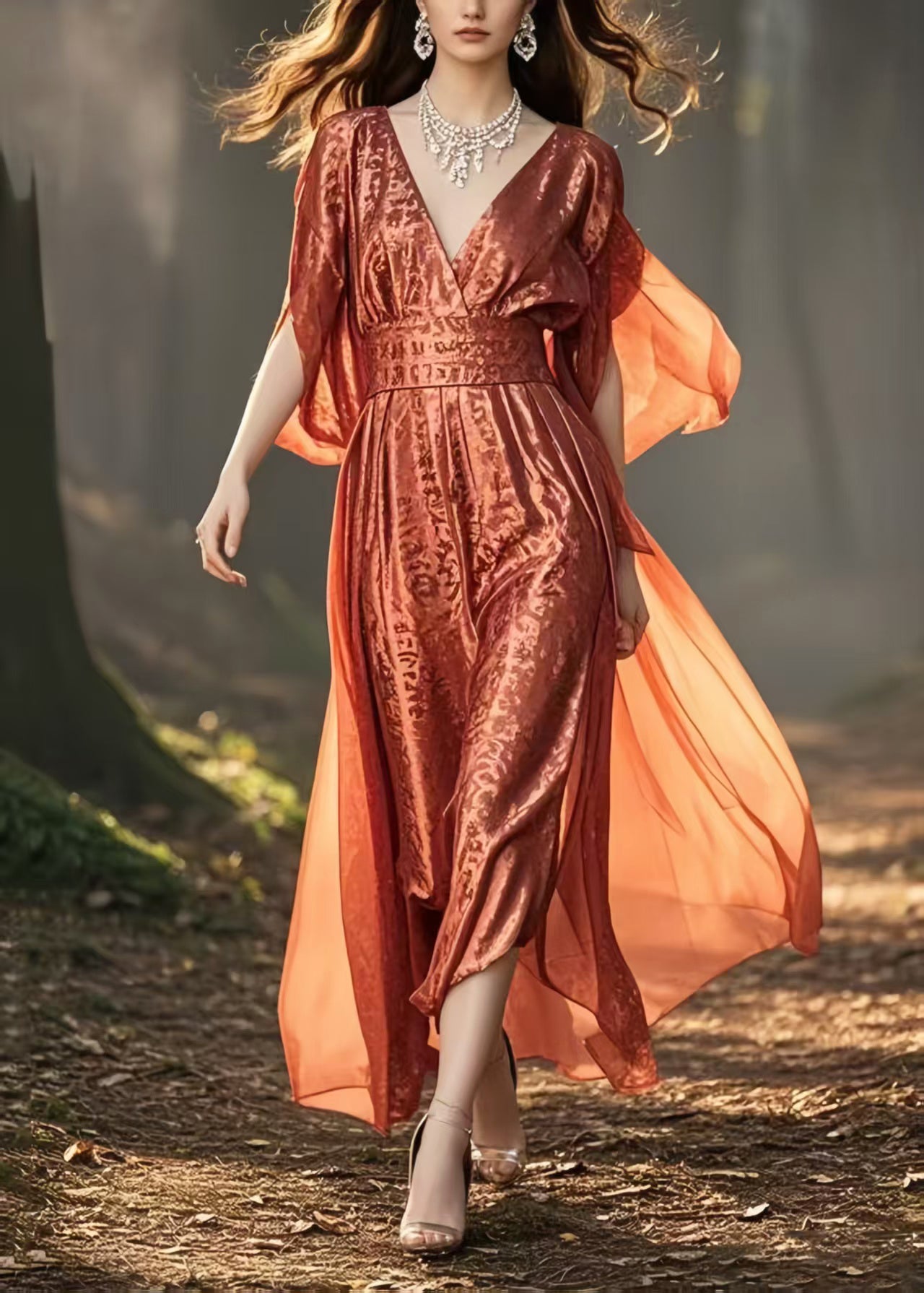 Brick Red Cinched Jacquard Silk Long Dresses Summer