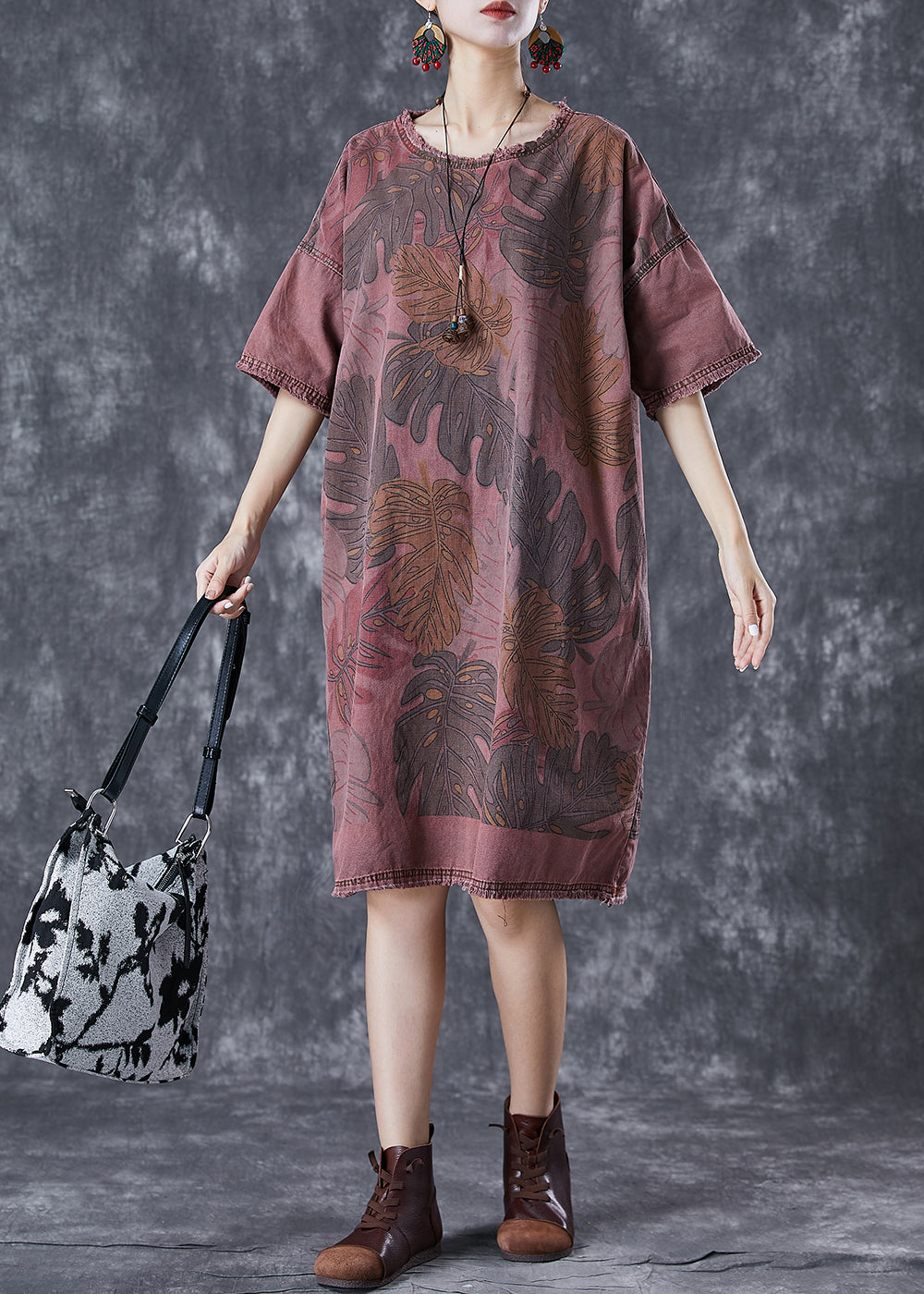 Brick Red O-neck Print Denim Maxi Dresses Summer