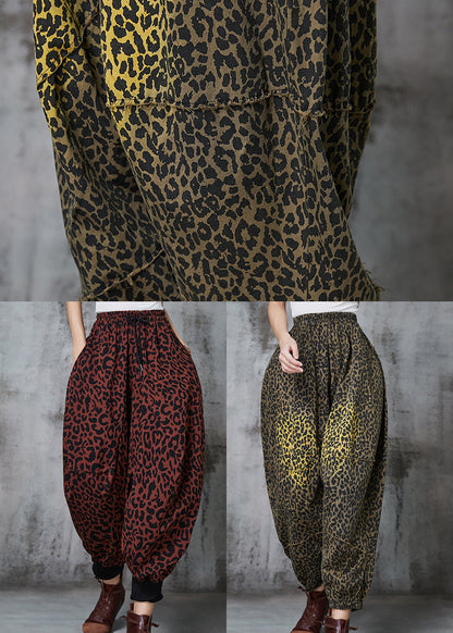 Brick Red Oversized Leopard Print Warm Fleece Lantern Pants Spring