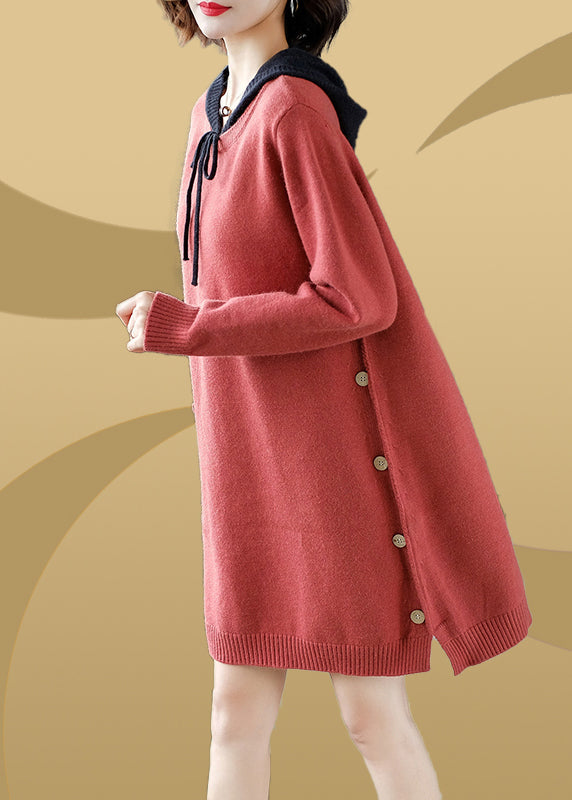 Brick Red Patchwork Button Thick Hooded Knit Woolen Sweater Dress Fall