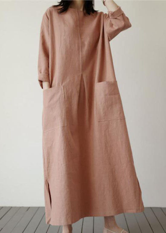 Brick Red Pockets Linen Long Dress Spring
