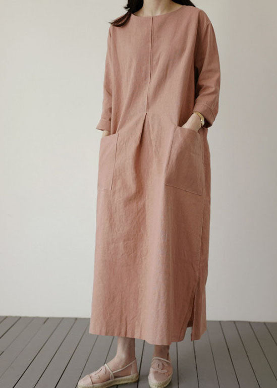 Brick Red Pockets Linen Long Dress Spring