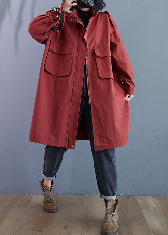 Brick Red Zip Up Pockets Patchwork Cotton Trench Coats Fall