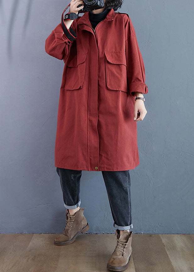Brick Red Zip Up Pockets Patchwork Cotton Trench Coats Fall