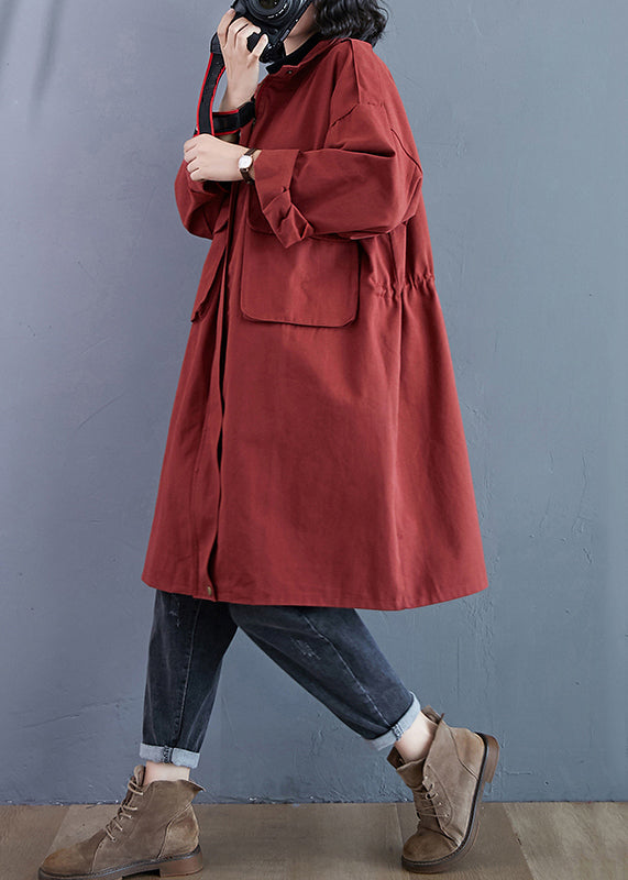 Brick Red Zip Up Pockets Patchwork Cotton Trench Coats Fall