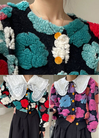 Bright Red Flower Puff Sleeve Faux Fur Winter Coat