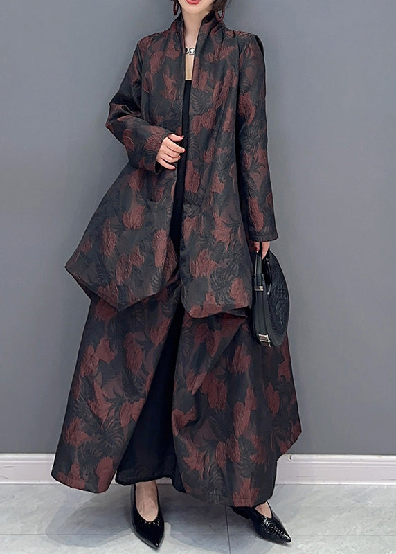 Brown Asymmetrical Jacquard Patchwork Cotton Cardigan Fall