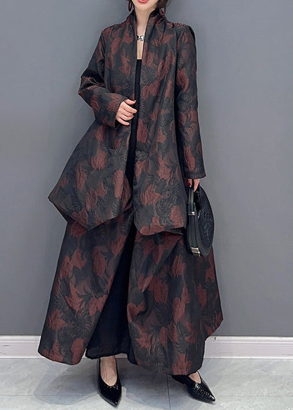 Brown Asymmetrical Jacquard Patchwork Cotton Cardigan Fall