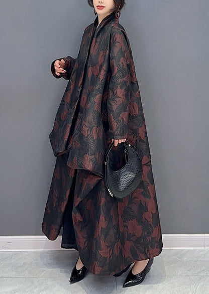 Brown Asymmetrical Jacquard Patchwork Cotton Cardigan Fall