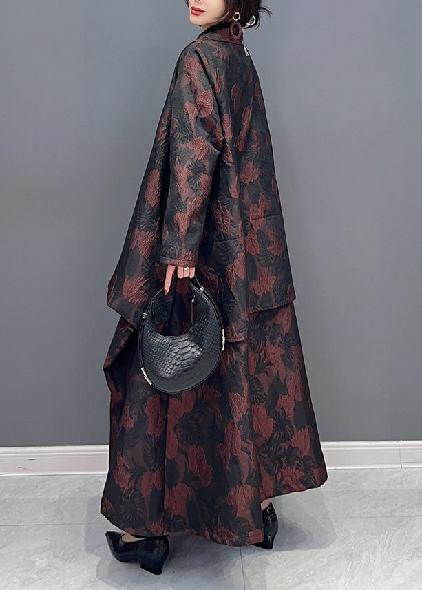 Brown Asymmetrical Jacquard Patchwork Cotton Cardigan Fall