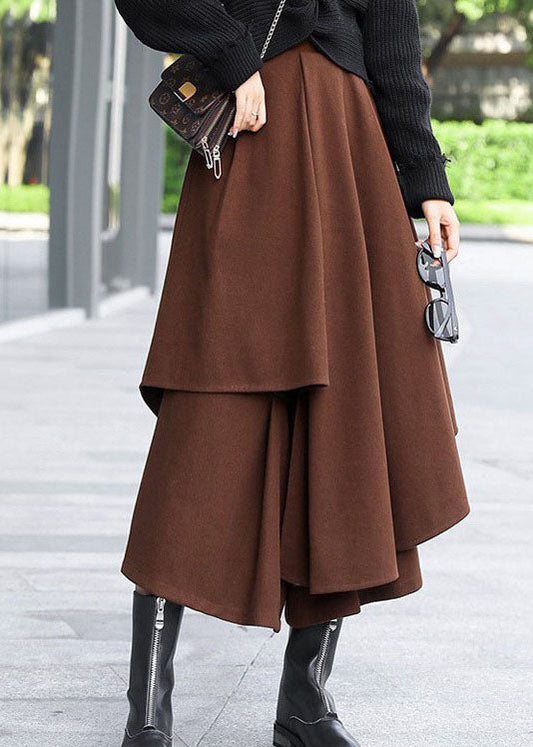 Brown Asymmetrical Patchwork Woolen Skirts Winter