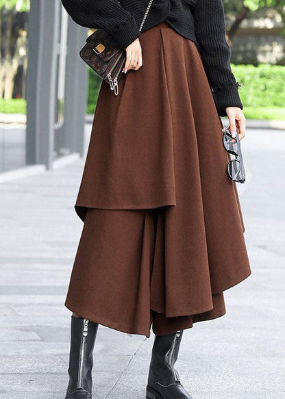 Brown Asymmetrical Patchwork Woolen Skirts Winter