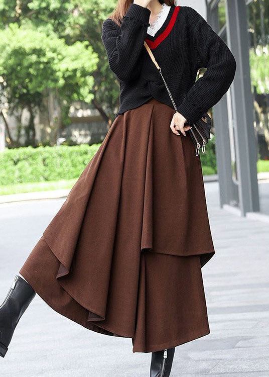 Brown Asymmetrical Patchwork Woolen Skirts Winter